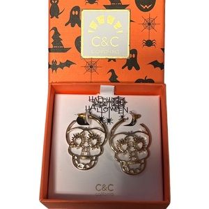 C&C California Skull Gold Tone Earrings Dia De Los Muertos Sugar Skull